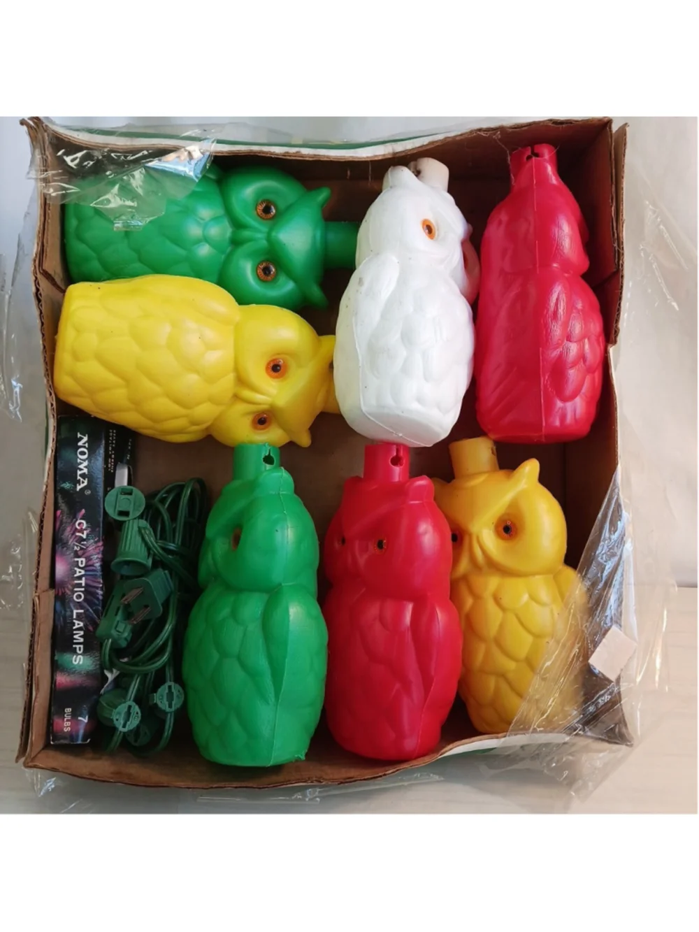 Vintage NOMA 7 Blow Mold Plastic OWL Patio Party Lites Tiki Light String NOS
